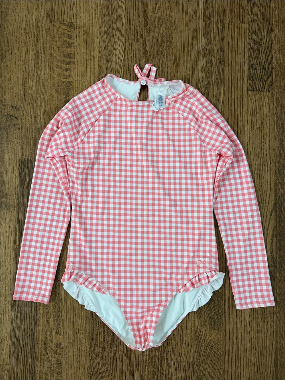 Vineyard Vine’s Girl’s Pink Gingham Long-Sleeve Rash Guard Swim Suit